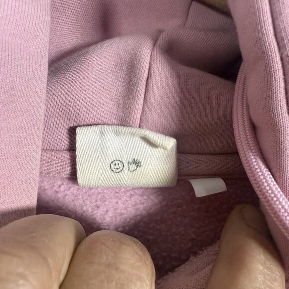 Glossier Pink Logo Hoodie Small Smiley Back Graphic Pullover Sweatshirt - Picture 4 of 8